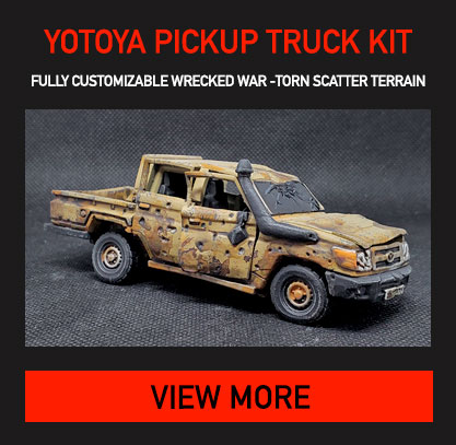 28mm Yotoya War Torn Pickup Truck Kit. Click to learn more!